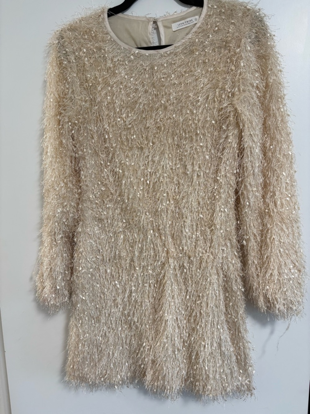 12th Tribe Cream Shimmer Eyelash Knit Long Sleeve Dress